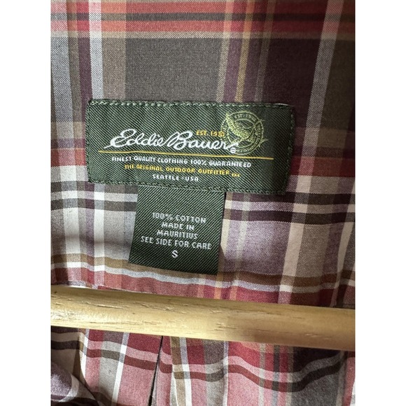 Eddie Bauer Shirt Mens Small Red Brown Plaid Button Front Long Sleeve Cotton - Picture 3 of 6